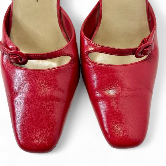Ann Kristal Red Leather Mules Heels 6M Buckle Vamp 2.5” Retro Y2K Block Heel - Picture 4 of 8